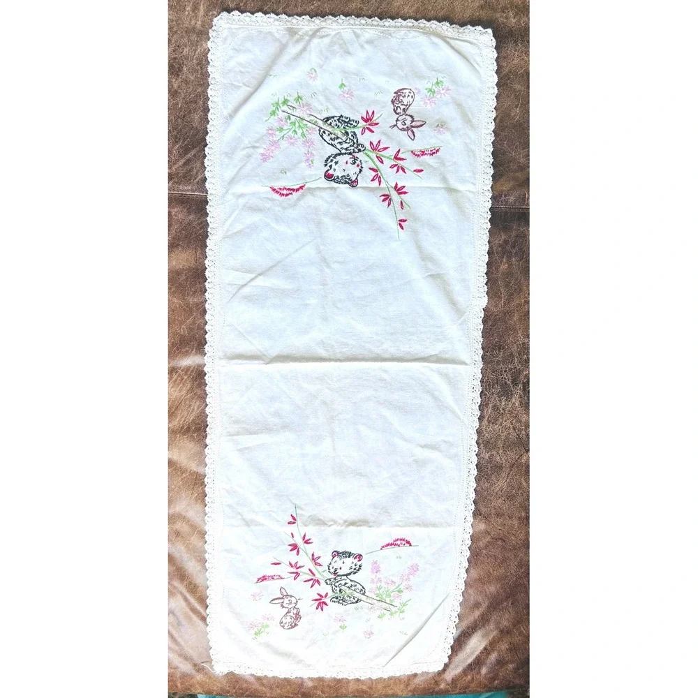 Vintage Hand Embroidered Table Runner Bear Rabbit Woodland Lace Trim 36x15.5
